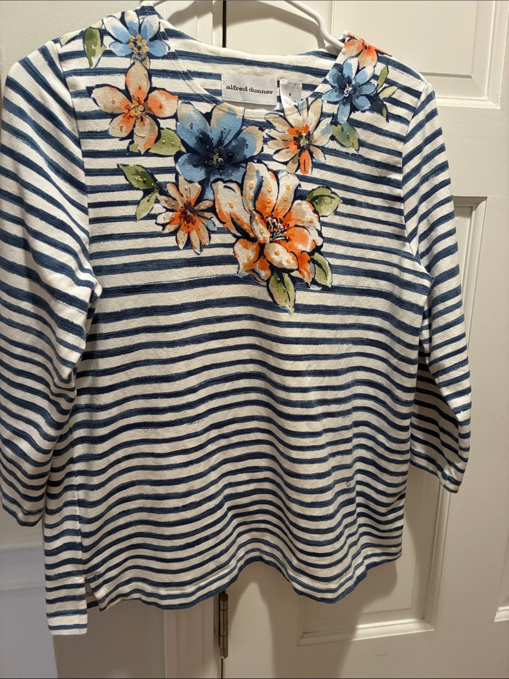Alfred Dunner Navy Stripe Floral Appliqué Long Sleeve Top